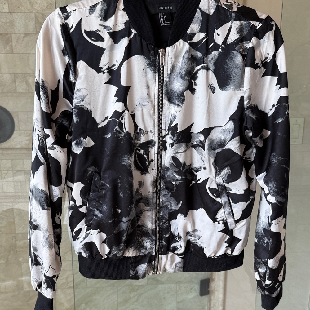 Forever 21 Monochrome Floral Silk Bomber Jacket